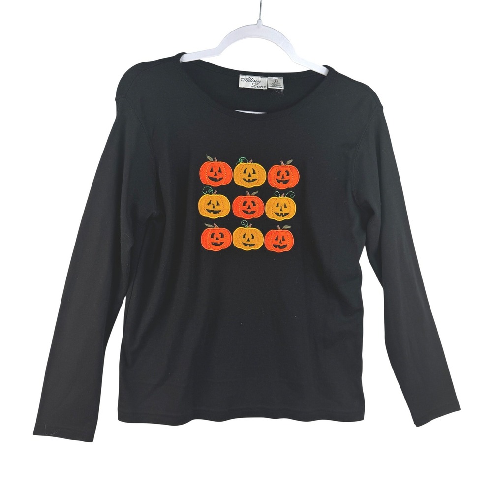 Allison Lane Womens Large Black Halloween Pumpkin Embroidered Long Sleeve Shirt